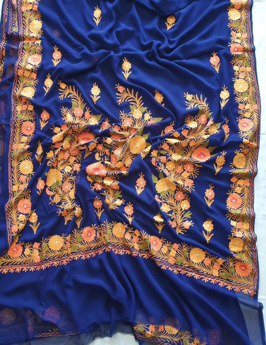Blue Embroidered Kashmiri Aari Work Georgette Saree - Luxurion World