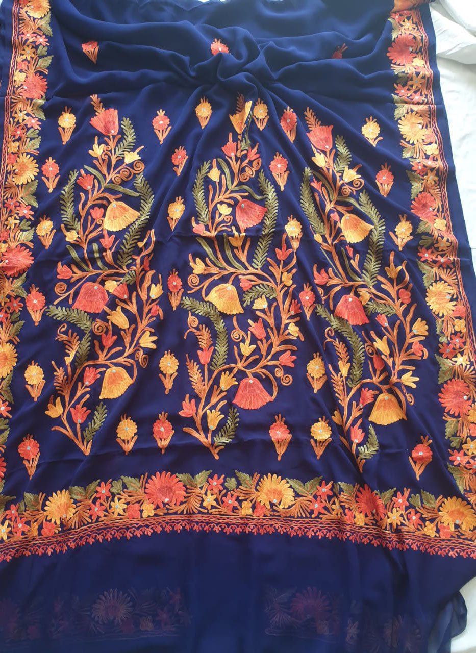 Blue Embroidered Kashmiri Aari Work Georgette Saree - Luxurion World