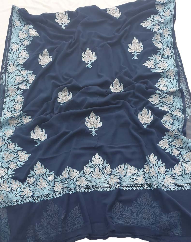 Blue Embroidered Kashmiri Aari Work Georgette Saree - Luxurion World