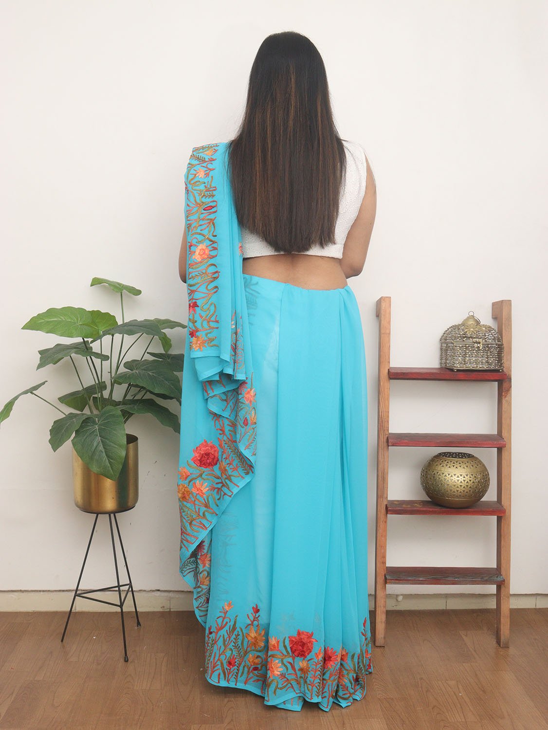 Blue Embroidered Kashmiri Aari Work Georgette Saree - Luxurion World