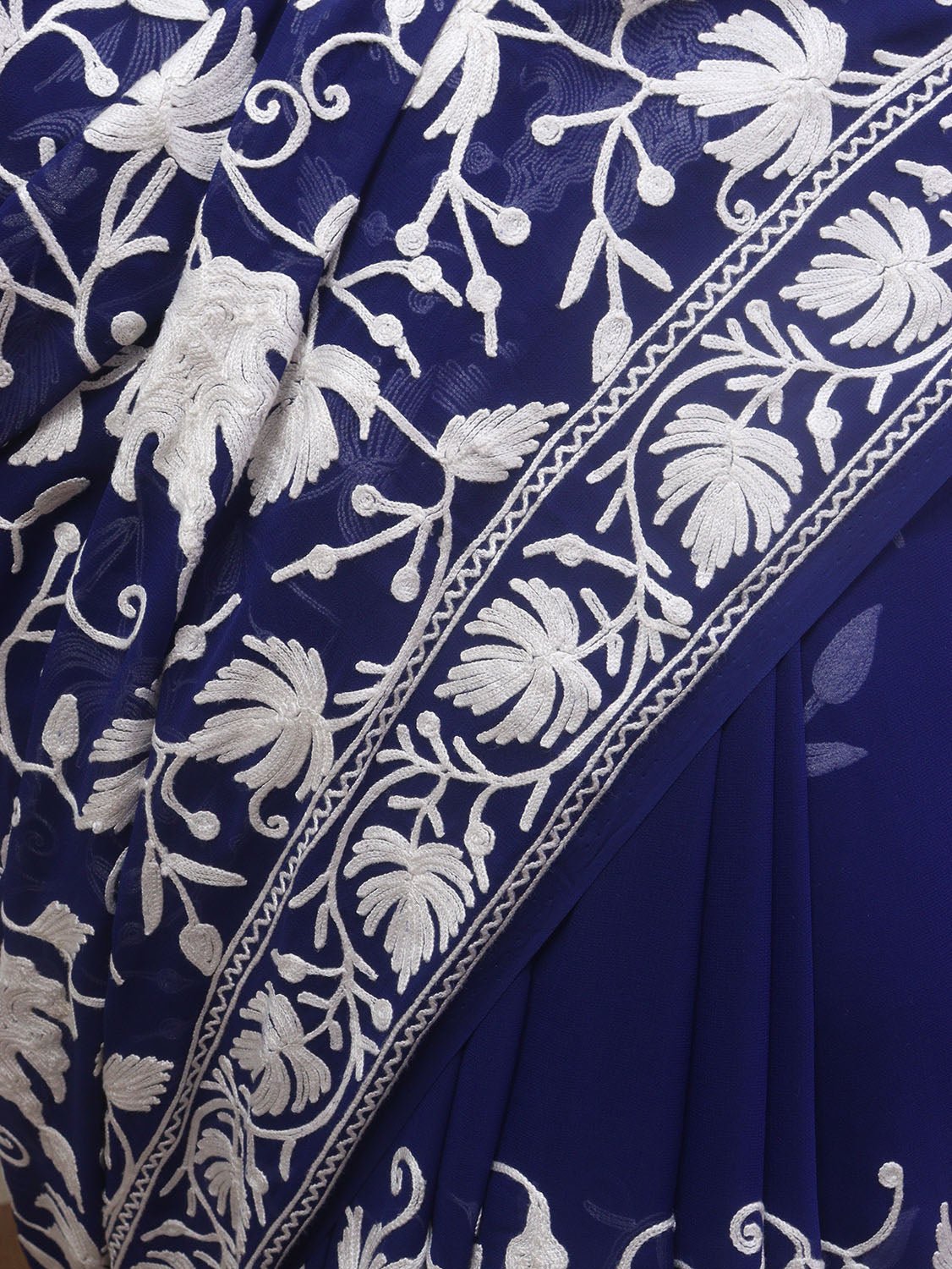 Blue Embroidered Kashmiri Aari Work Georgette Saree - Luxurion World