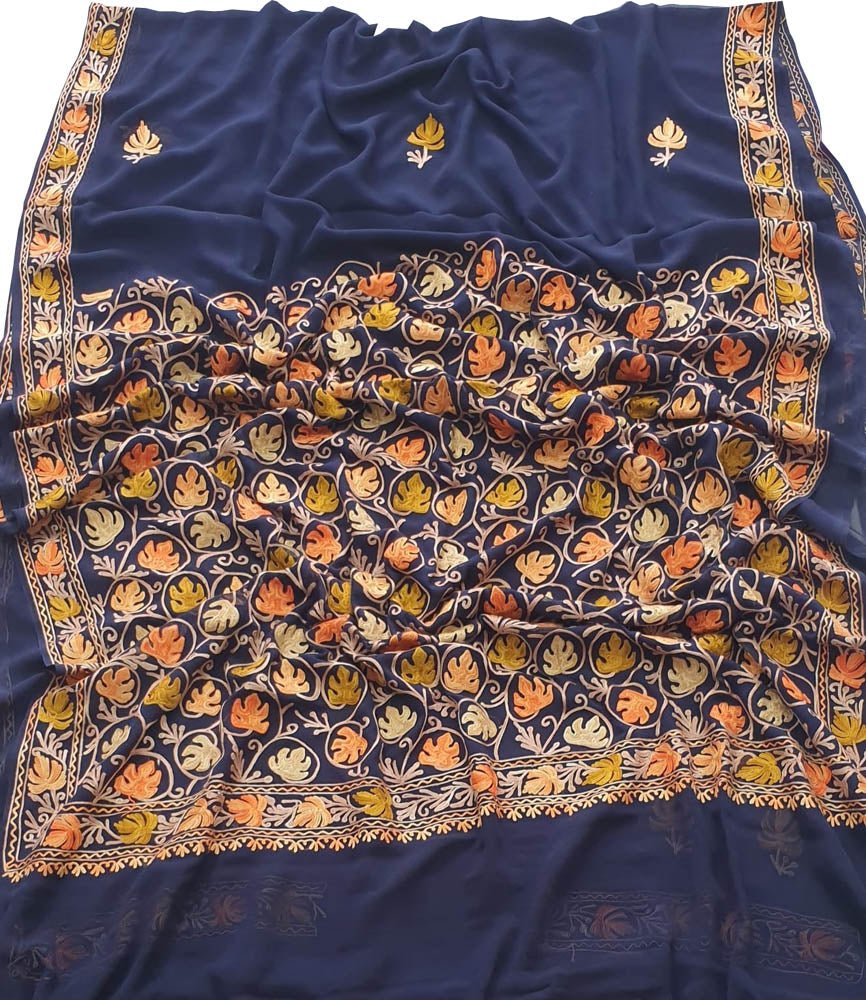 Blue Embroidered Kashmiri Aari Work Georgette Saree - Luxurion World