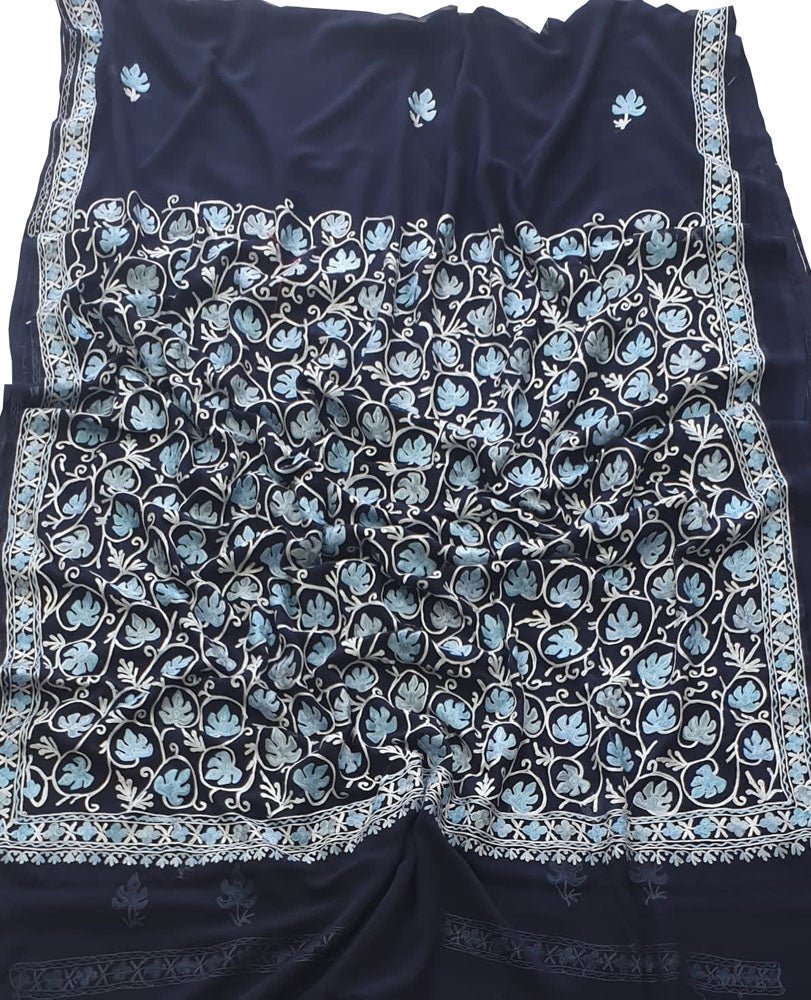 Blue Embroidered Kashmiri Aari Work Georgette Saree - Luxurion World