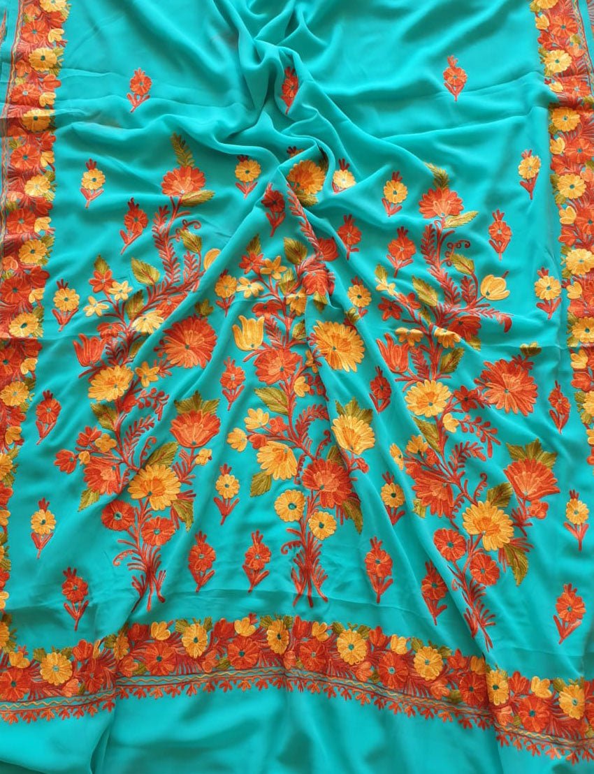 Blue Embroidered Kashmiri Aari Work Georgette Saree - Luxurion World