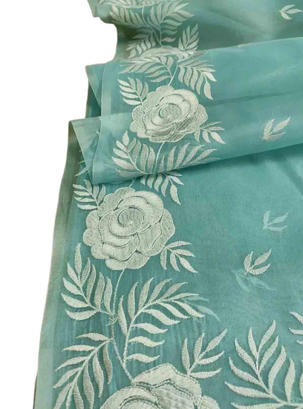 Blue Embroidered Kota Organza Silk Floral Design Saree - Luxurion World