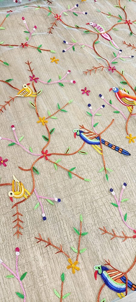 Blue Embroidered Parsi Convent Work Net Dupatta - Luxurion World