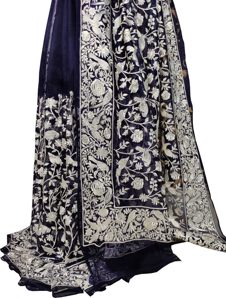 Blue Embroidered Parsi Gara Organza Bird And Flower Design Saree - Luxurion World