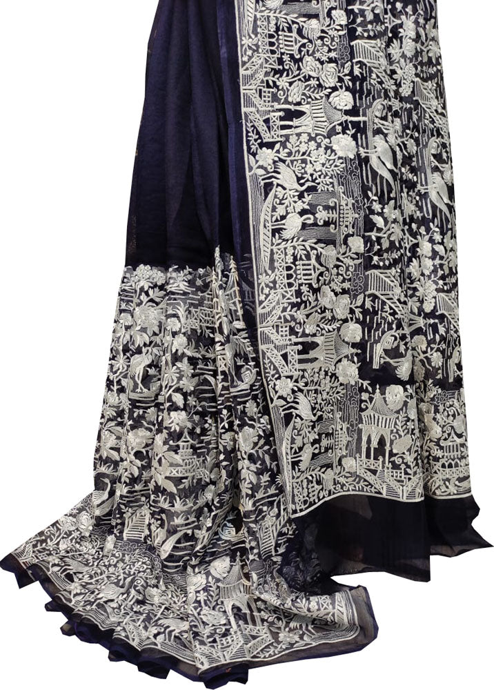 Blue Embroidered Parsi Gara Organza Figure Work Saree - Luxurion World