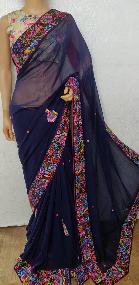 Blue Hand Embroidered French Knot Pure Georgette Floral Design Saree - Luxurion World