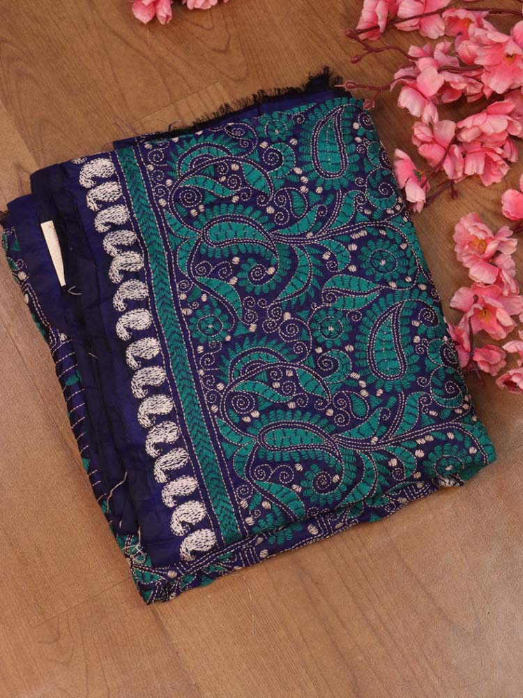 Blue Hand Embroidered Kantha Bangalore Silk Dupatta - Luxurion World