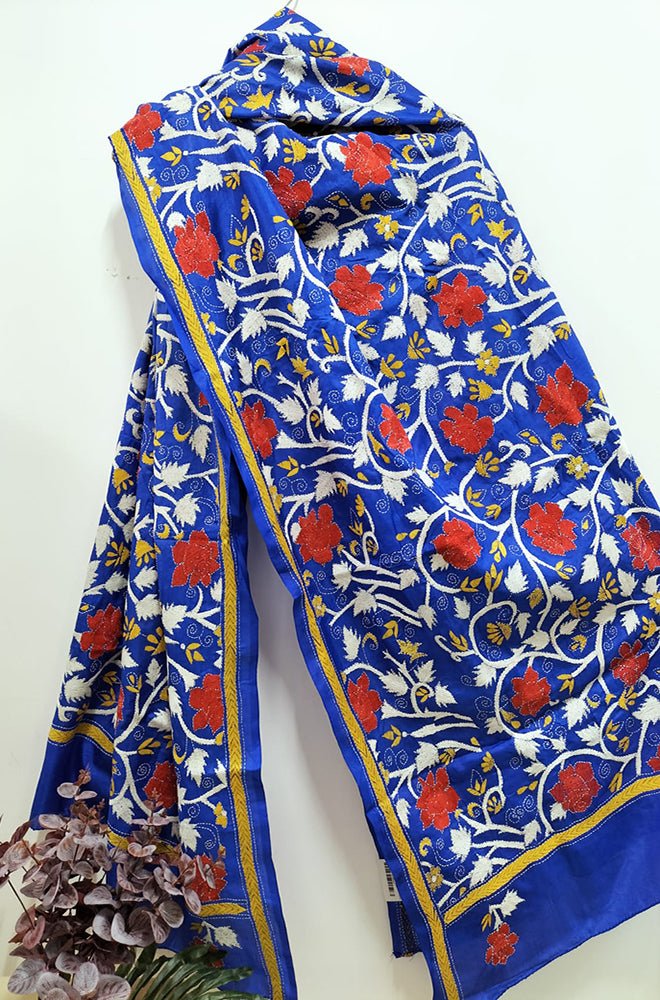 Stunning Blue Kantha Silk Dupatta with Hand Embroidery - Luxurion World