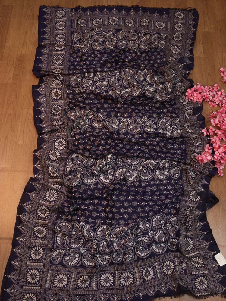 Blue Hand Embroidered Kantha Bangalore Silk Dupatta - Luxurion World