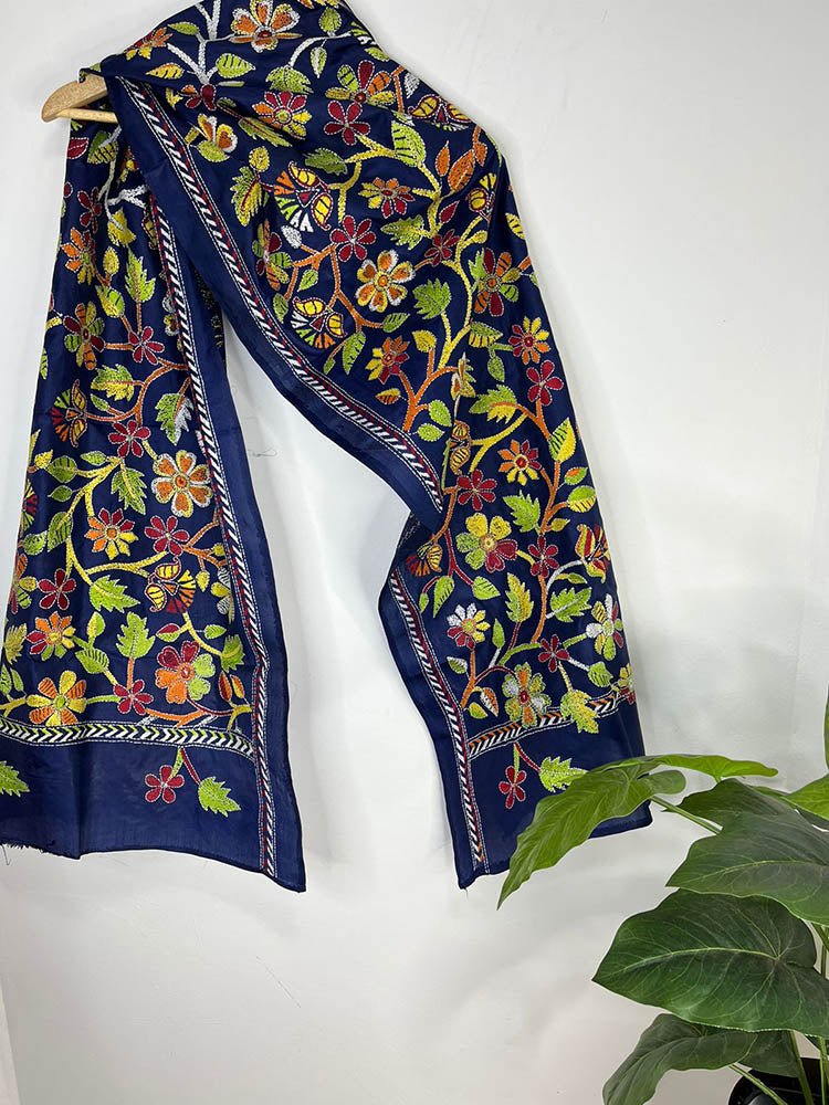 Blue Hand Embroidered Kantha Pure Bangalore Silk Stole - Luxurion World