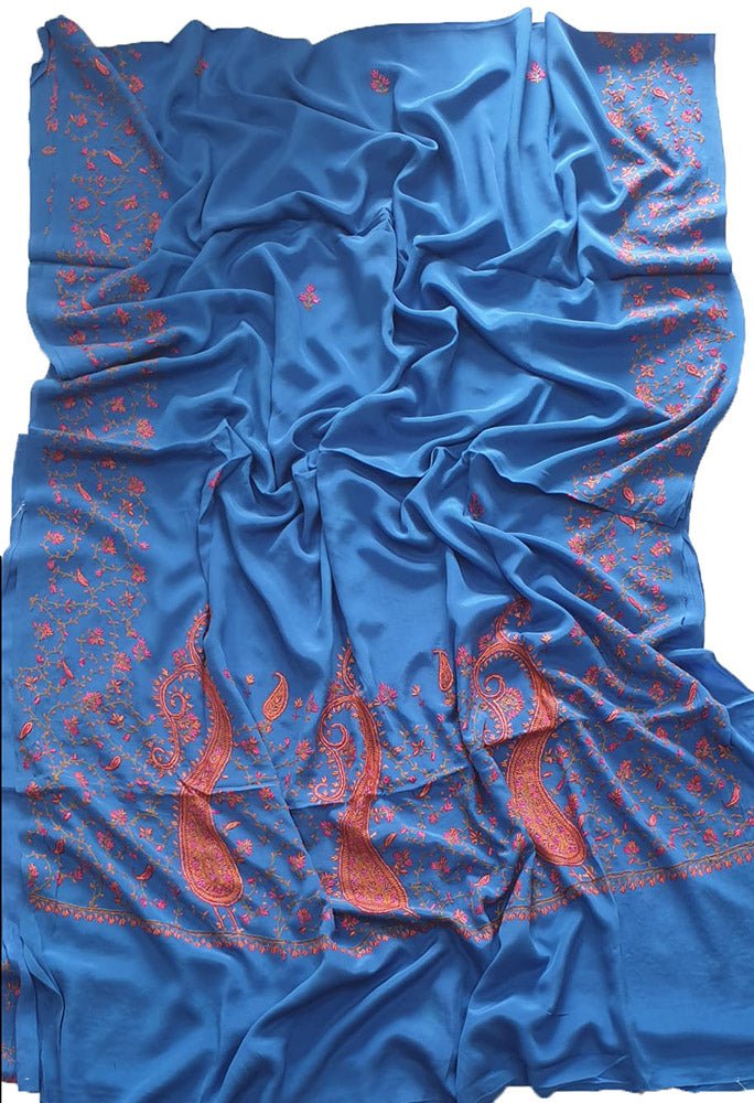 Blue Hand Embroidered Kashmiri Sozni Work Crepe Saree - Luxurion World