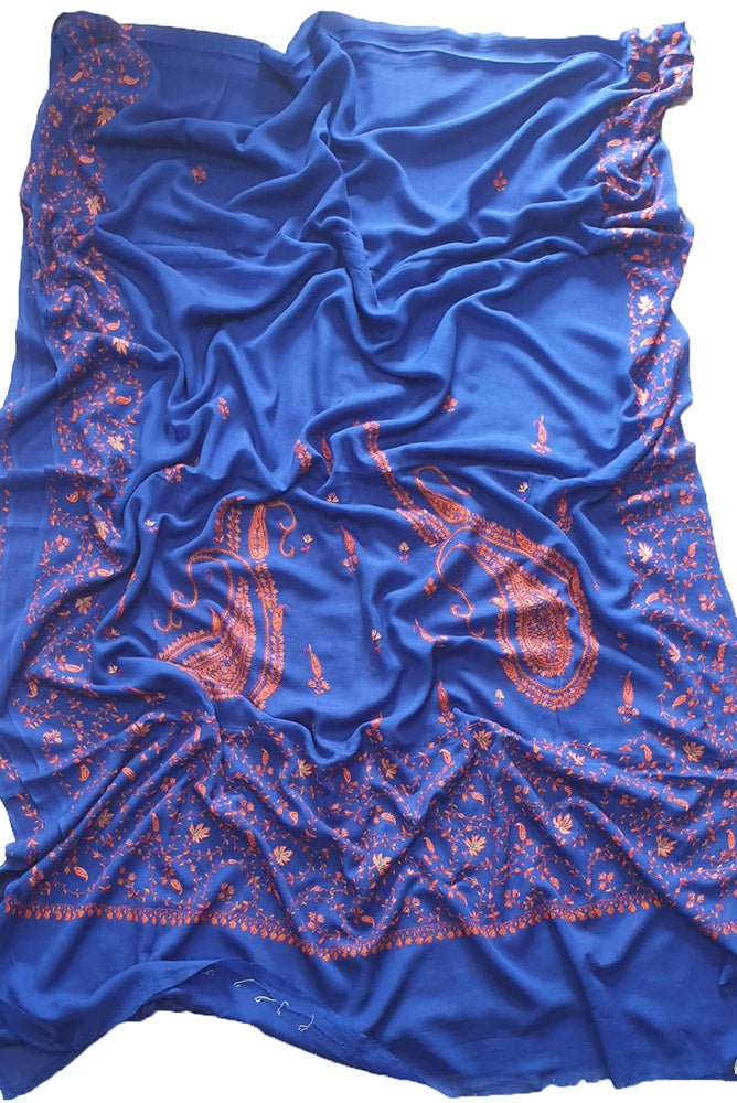 Blue Hand Embroidered Kashmiri Sozni Work Crepe Saree - Luxurion World