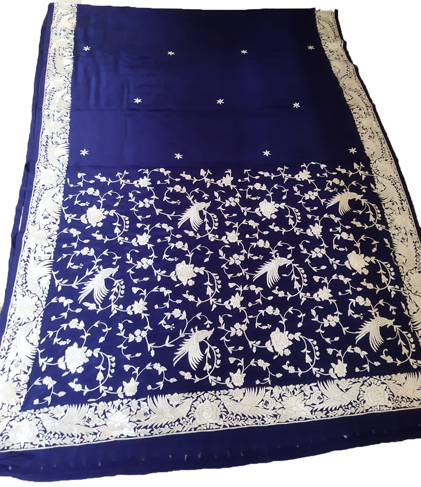 Blue Hand Embroidered Parsi Gara Crepe Bird Design Saree - Luxurion World
