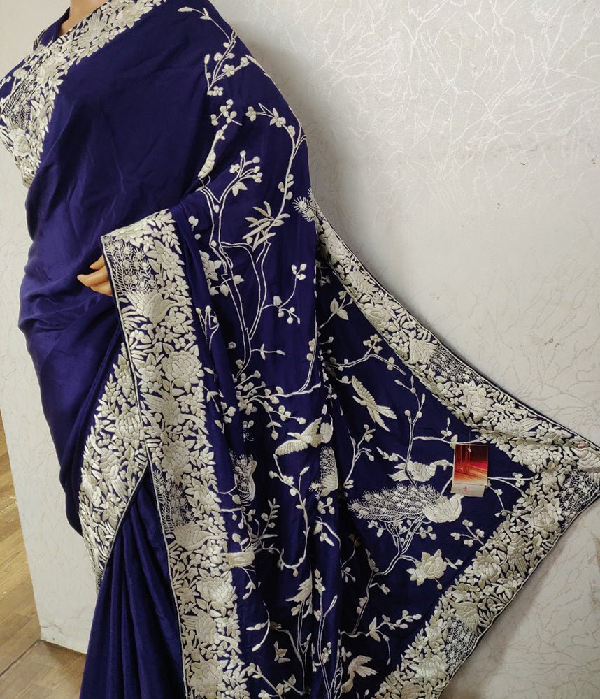 Blue Hand Embroidered Parsi Gara Crepe Floral Design Saree - Luxurion World