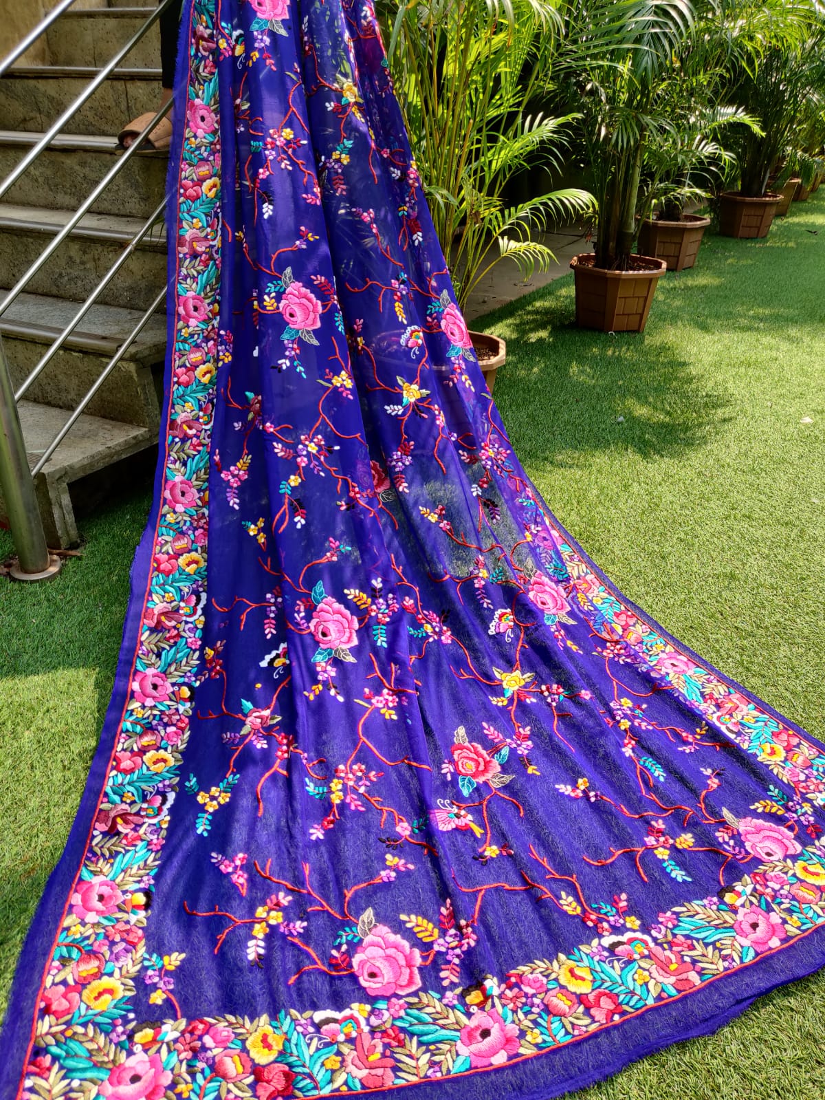 Blue Hand Embroidered Parsi Gara Pure Georgette Dupatta - Luxurion World