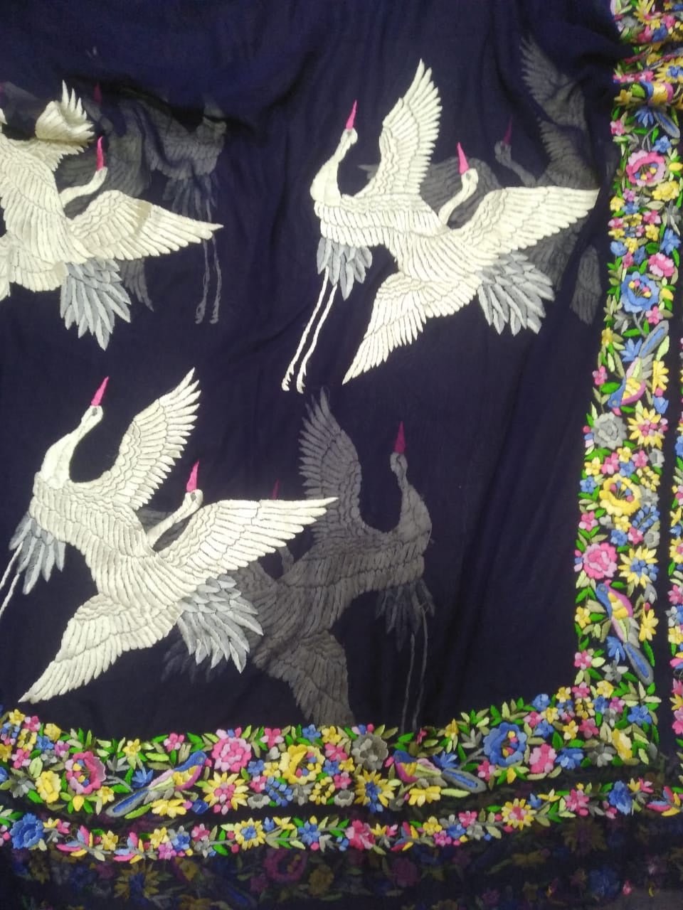 Blue Hand Embroidered Parsi Gara Pure Georgette Dupatta - Luxurion World