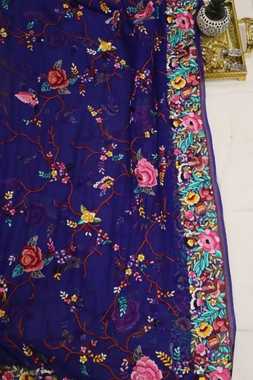 Blue Hand Embroidered Parsi Gara Pure Georgette Dupatta - Luxurion World