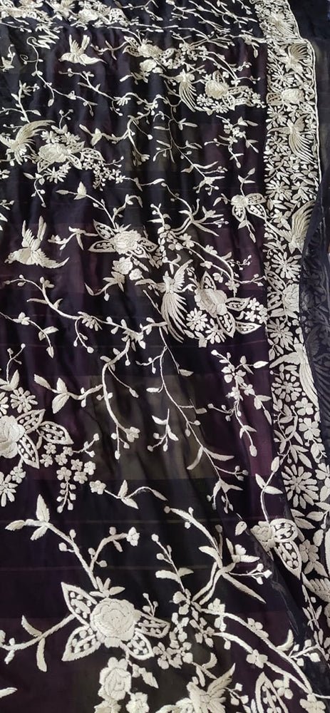 Blue Hand Embroidered Parsi Gara Pure Georgette Floral And Bird Design Saree - Luxurion World