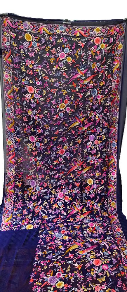 Blue Hand Embroidered Parsi Gara Pure Georgette Floral And Bird Design Saree - Luxurion World