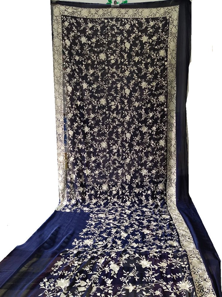 Blue Hand Embroidered Parsi Gara Pure Georgette Floral Design Saree - Luxurion World