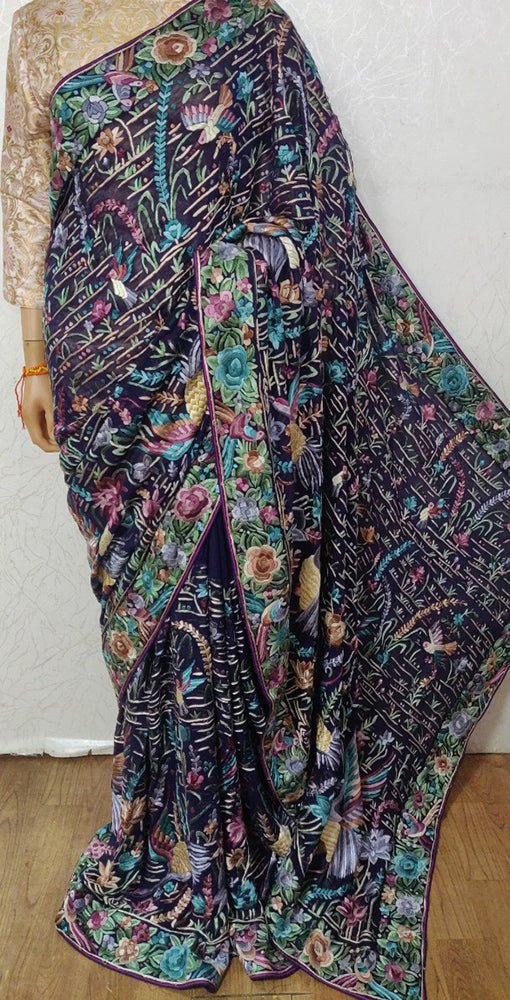 Blue Hand Embroidered Parsi Gara Pure Georgette Floral Design Saree - Luxurion World