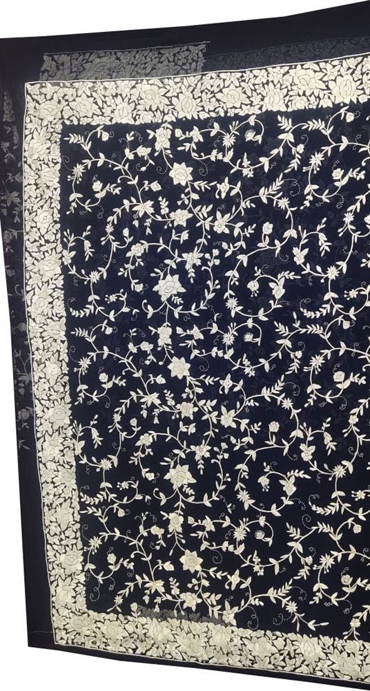 Blue Hand Embroidered Parsi Gara Pure Georgette Floral Design Saree - Luxurion World