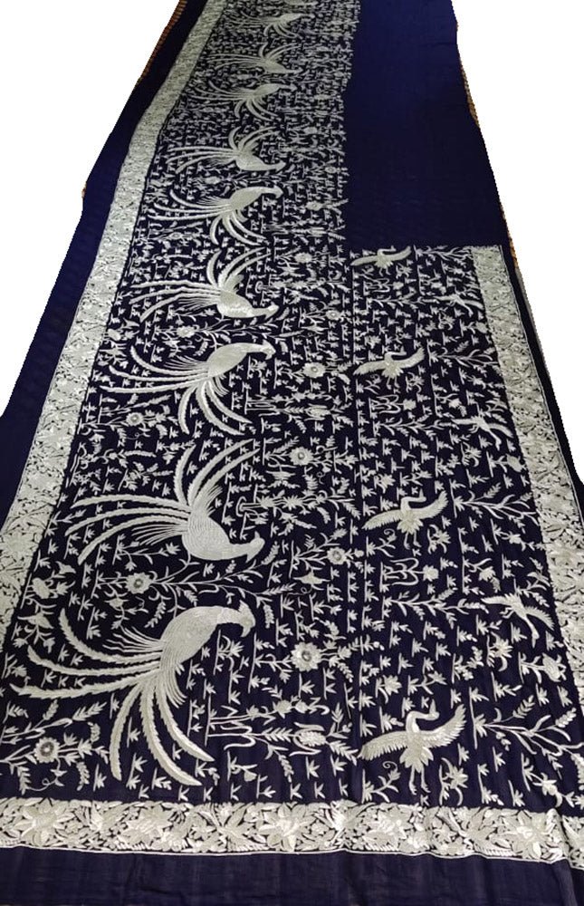 Blue Hand Embroidered Parsi Gara Pure Georgette Saree With French Knot Work - Luxurion World