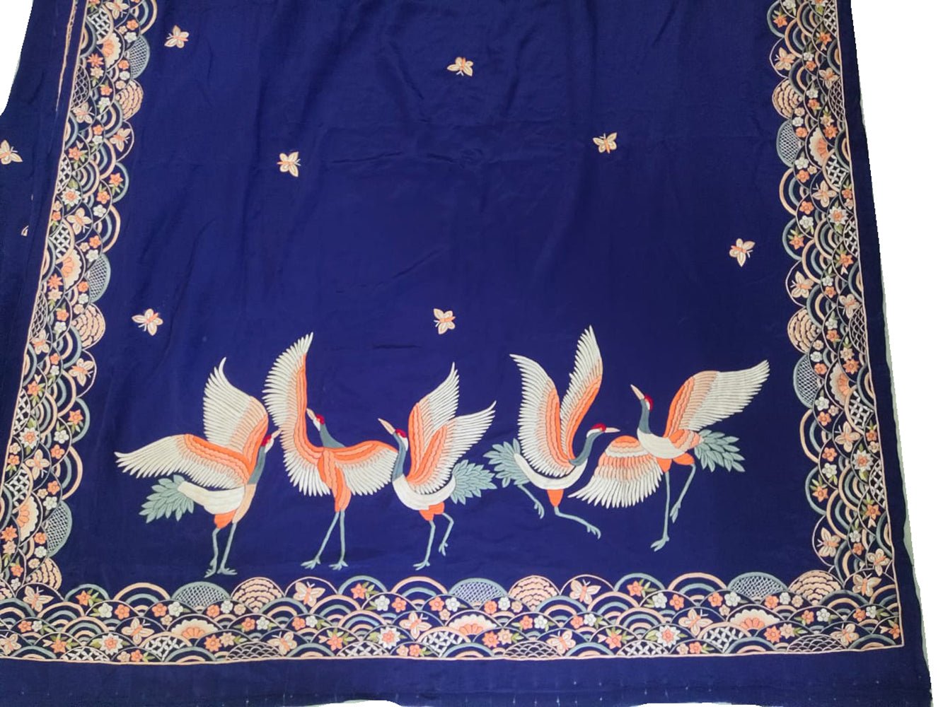 Blue Hand Embroidered Parsi Gara Pure Satin Silk Floral And Bird Design Saree - Luxurion World