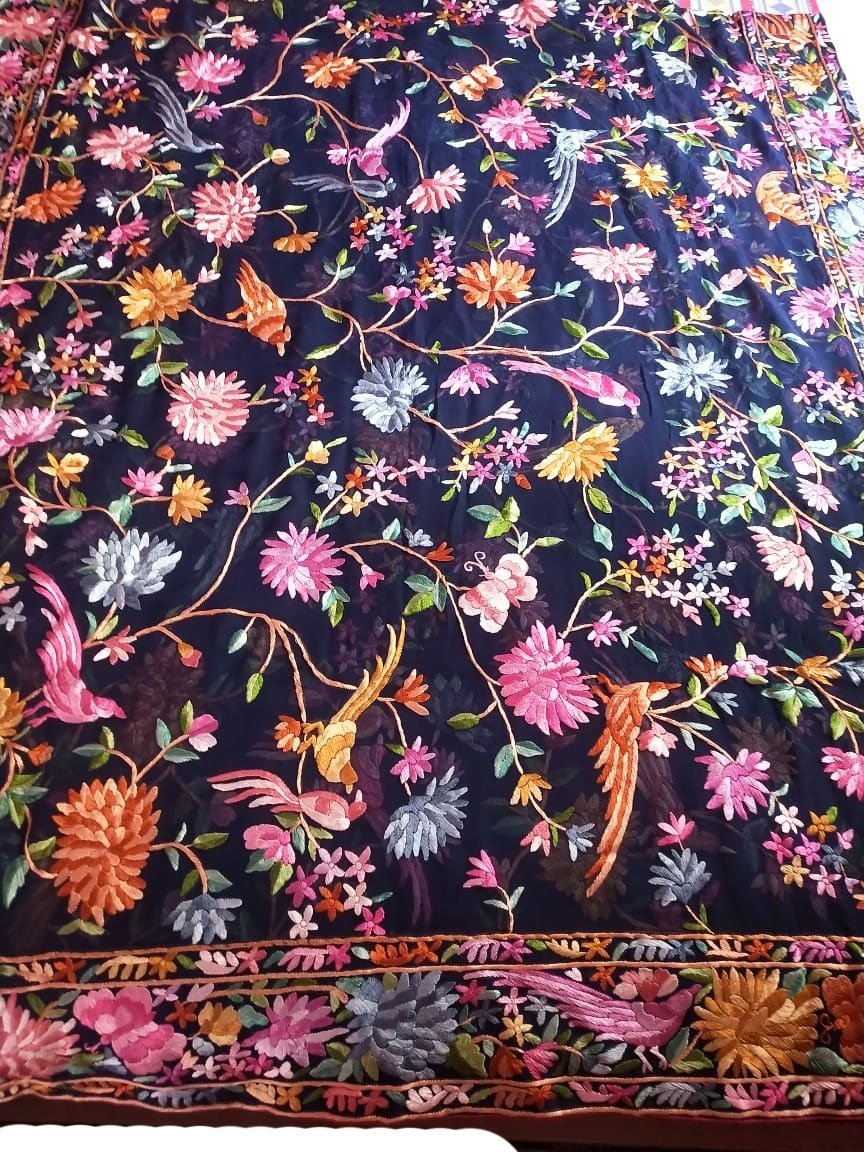 Blue Hand Embroidered Parsi Work Pure Georgette Dupatta - Luxurion World