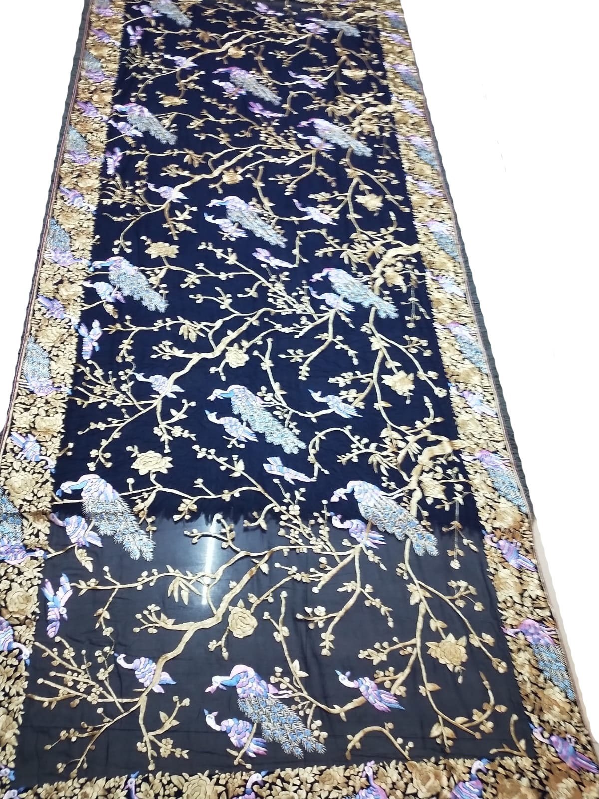 Blue Hand Embroidered Parsi Work Pure Georgette Dupatta - Luxurion World