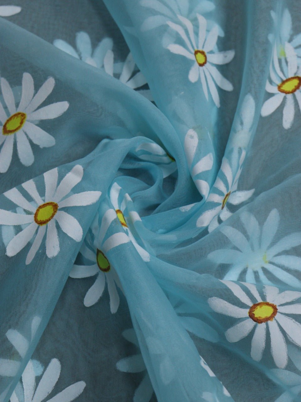 Blue Hand Painted Organza Silk Fabric (1 Mtr) - Luxurion World