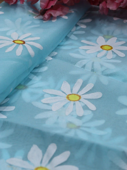 Blue Hand Painted Organza Silk Fabric (1 Mtr) - Luxurion World