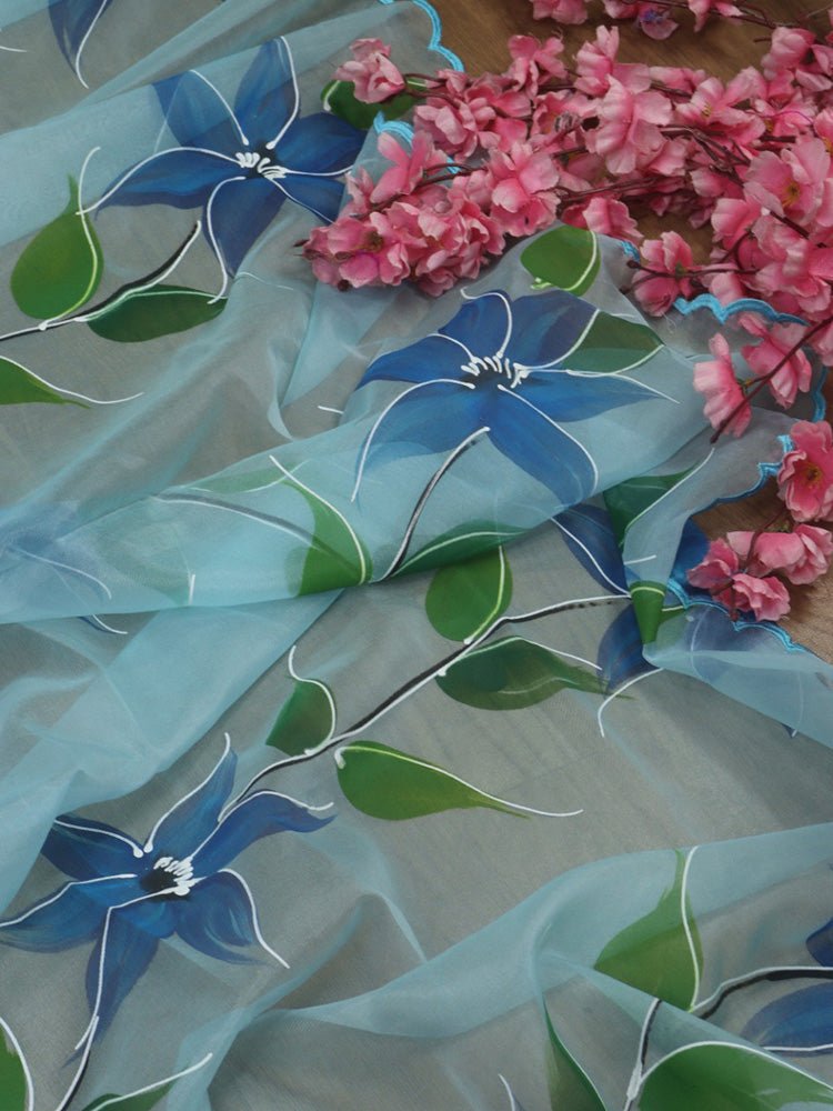 Blue Hand Painted Organza Silk Scalloped Border Dupatta - Luxurion World