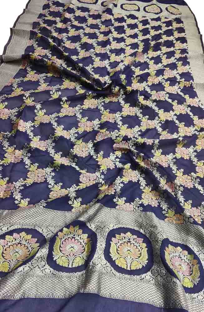 Blue Handloom Banarasi Brush Dye Pure Georgette Dupatta - Luxurion World