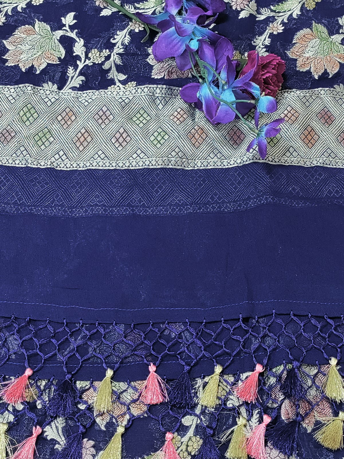 Blue Handloom Banarasi Pure Georgette Brush Dye Dupatta - Luxurion World