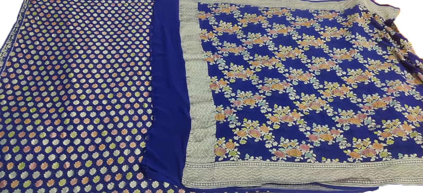 Blue Handloom Banarasi Pure Georgette Brush Dyed Suit - Luxurion World