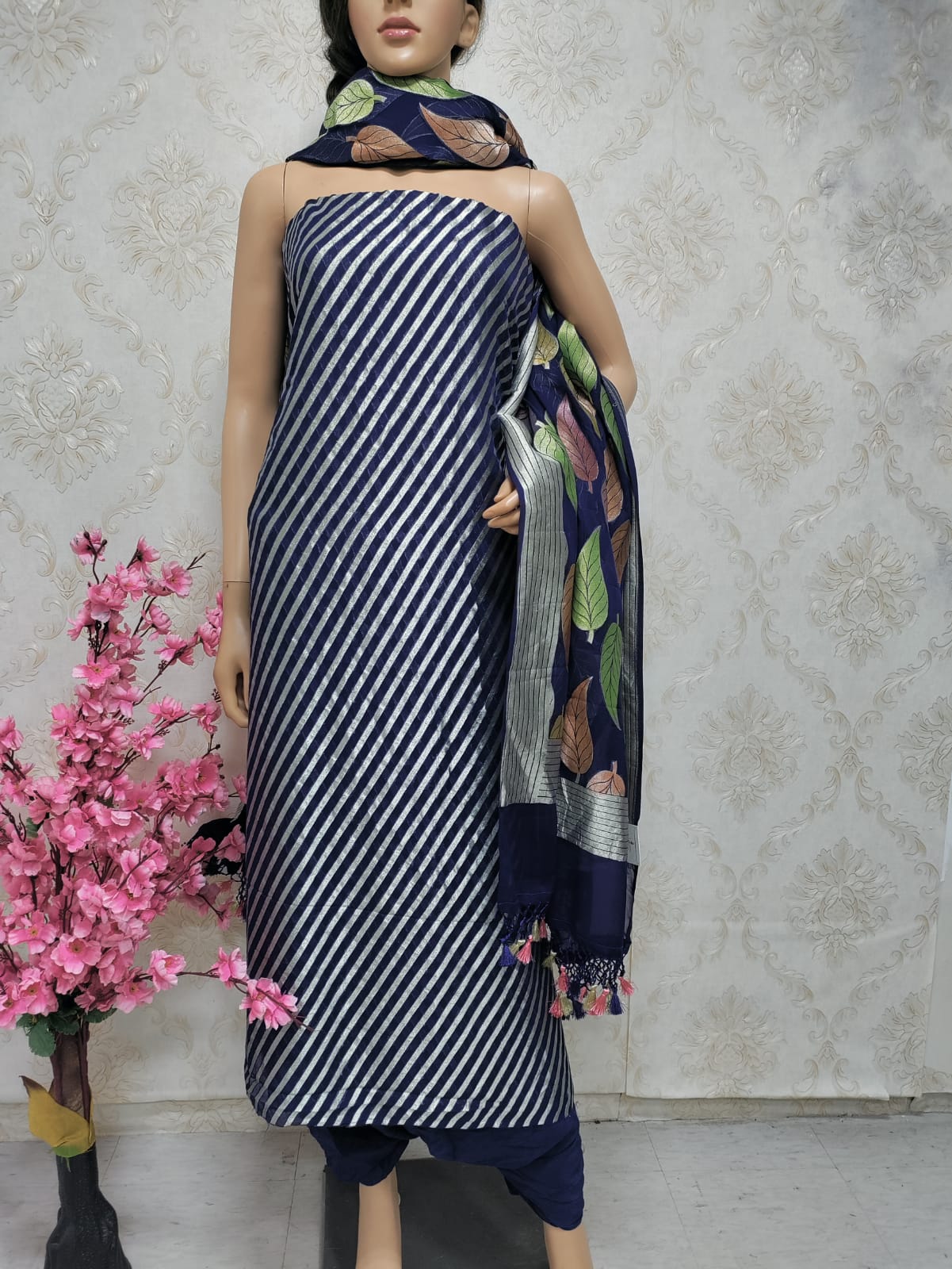 Blue Handloom Banarasi Pure Georgette Georgette Brush Dye Unstitched Suit Set - Luxurion World