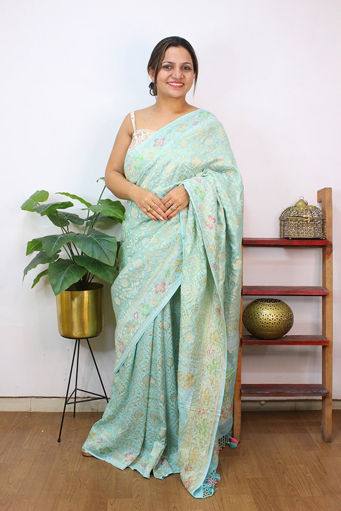Blue Handloom Banarasi Pure Georgette Meenakari Saree - Luxurion World