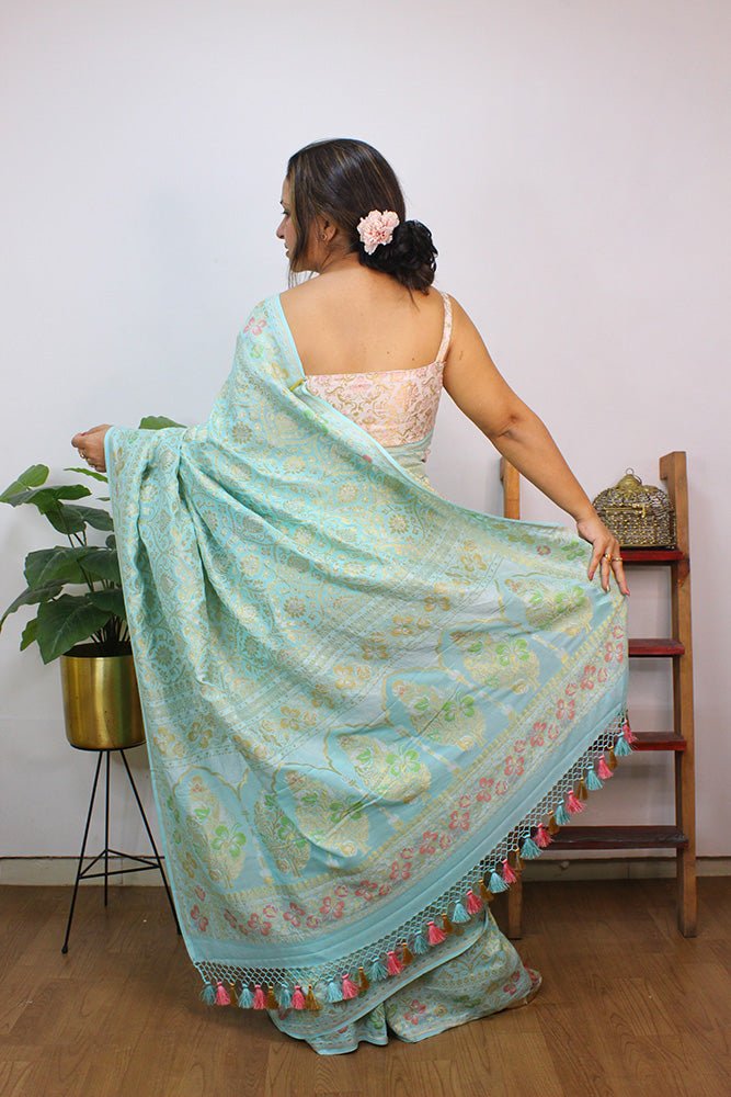 Blue Handloom Banarasi Pure Georgette Meenakari Saree - Luxurion World