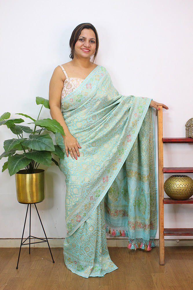 Blue Handloom Banarasi Pure Georgette Meenakari Saree - Luxurion World