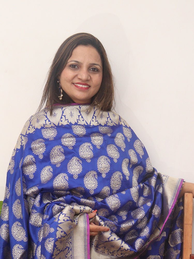 Blue Handloom Banarasi Pure Katan Silk Dupatta - Luxurion World