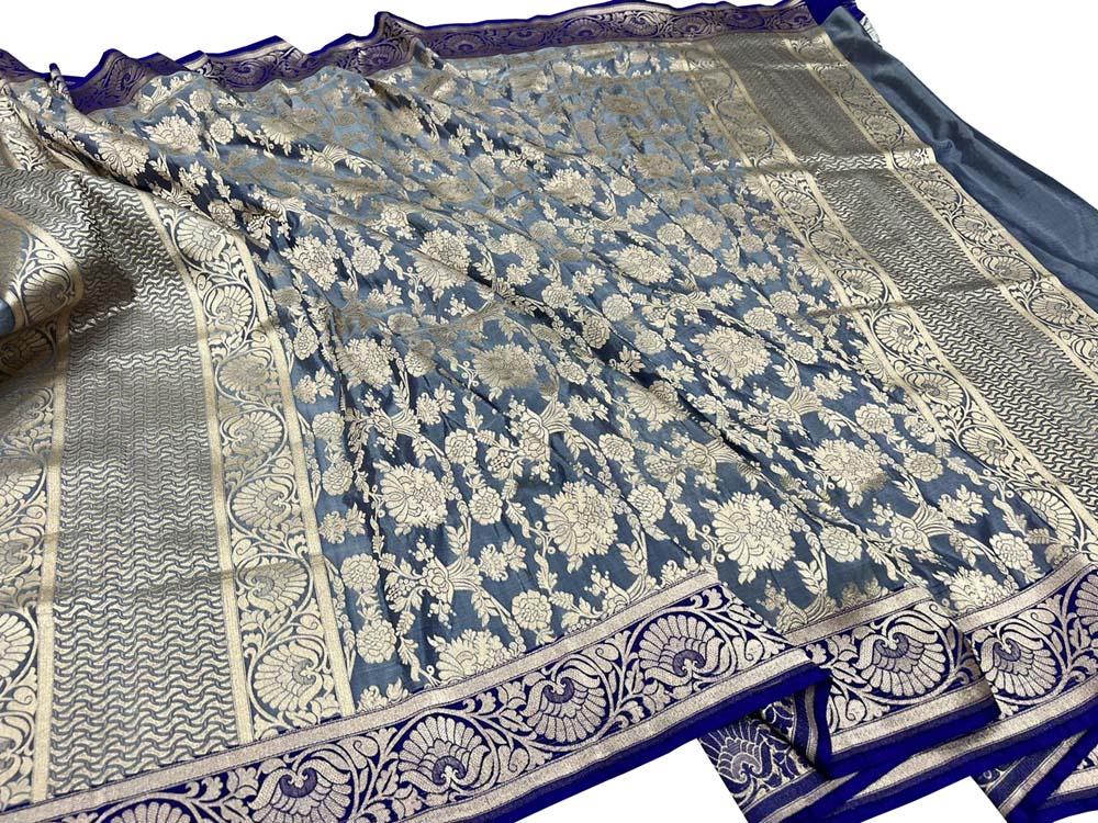 Blue Handloom Banarasi Pure Katan Silk Dupatta - Luxurion World