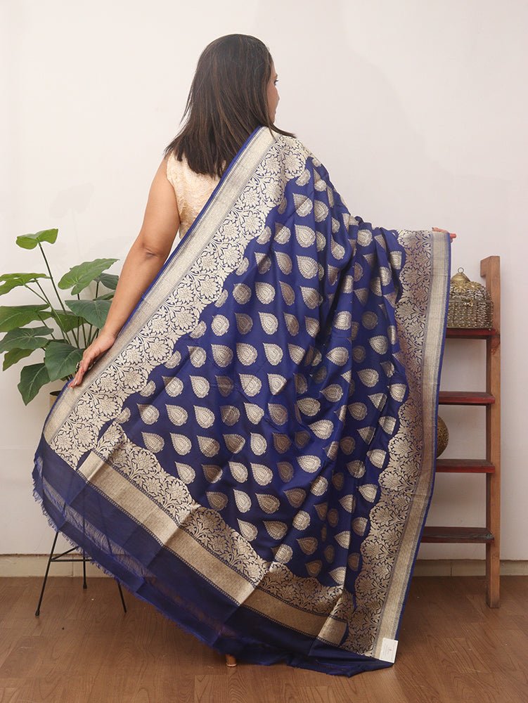 Blue Handloom Banarasi Pure Katan Silk Dupatta - Luxurion World