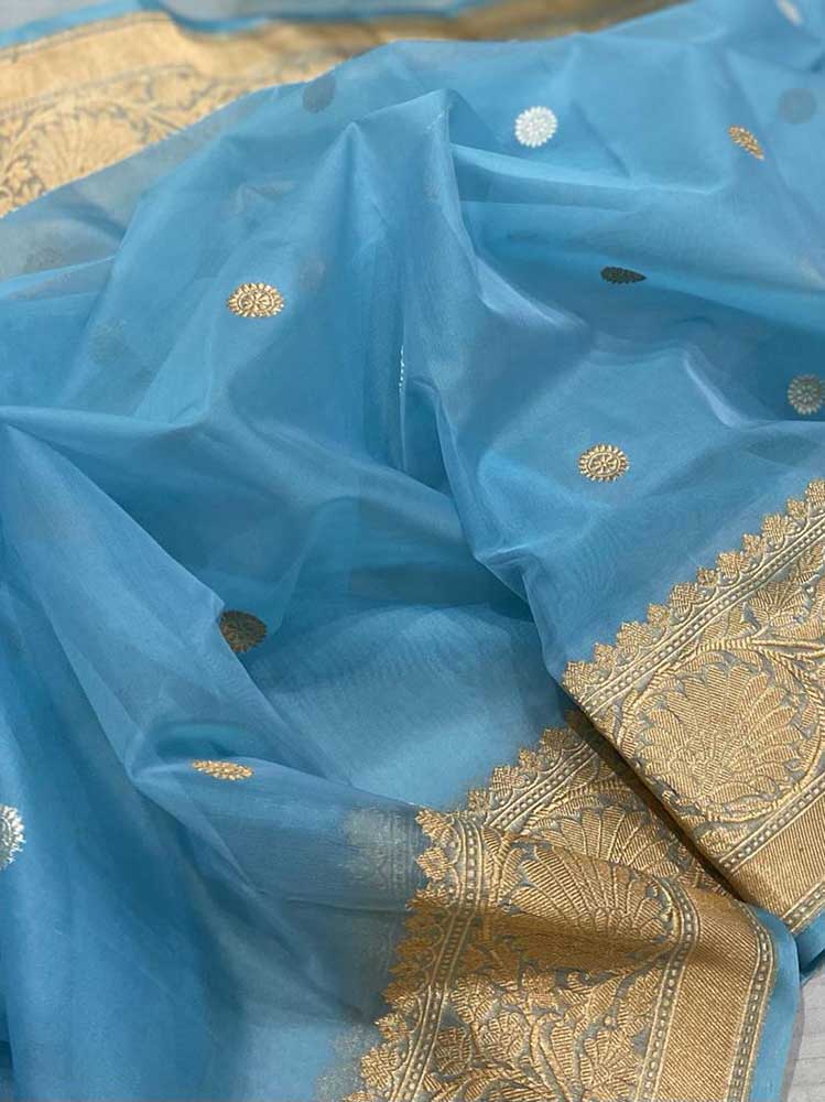 Blue Handloom Banarasi Pure Kora Silk Saree - Luxurion World