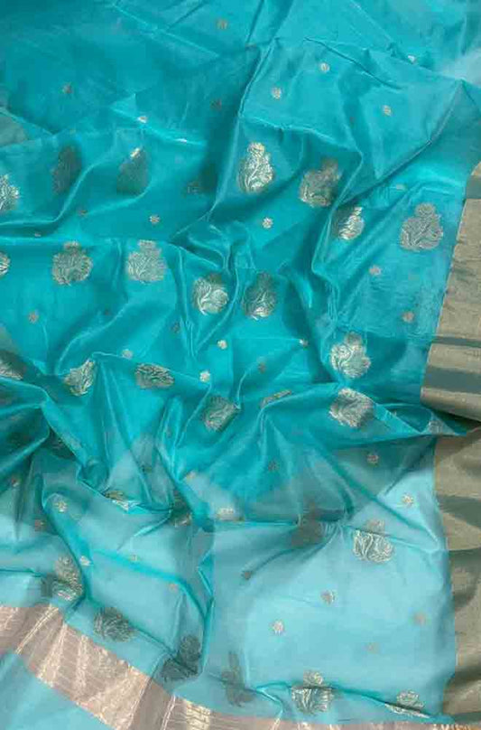 Blue Handloom Chanderi Cotton Silk Saree - Luxurion World
