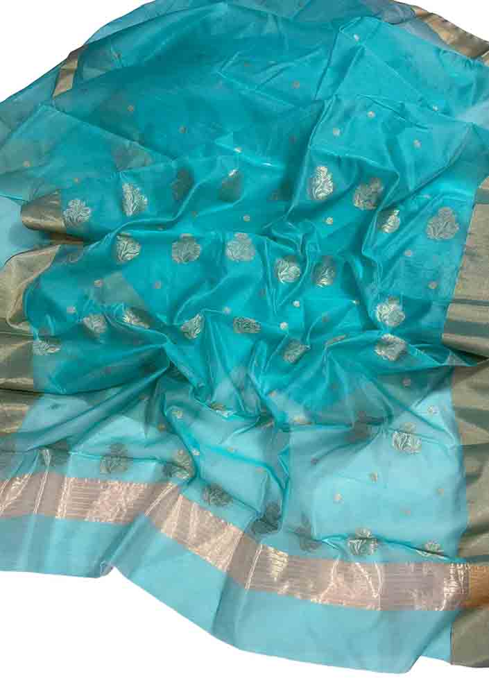 Blue Handloom Chanderi Cotton Silk Saree - Luxurion World