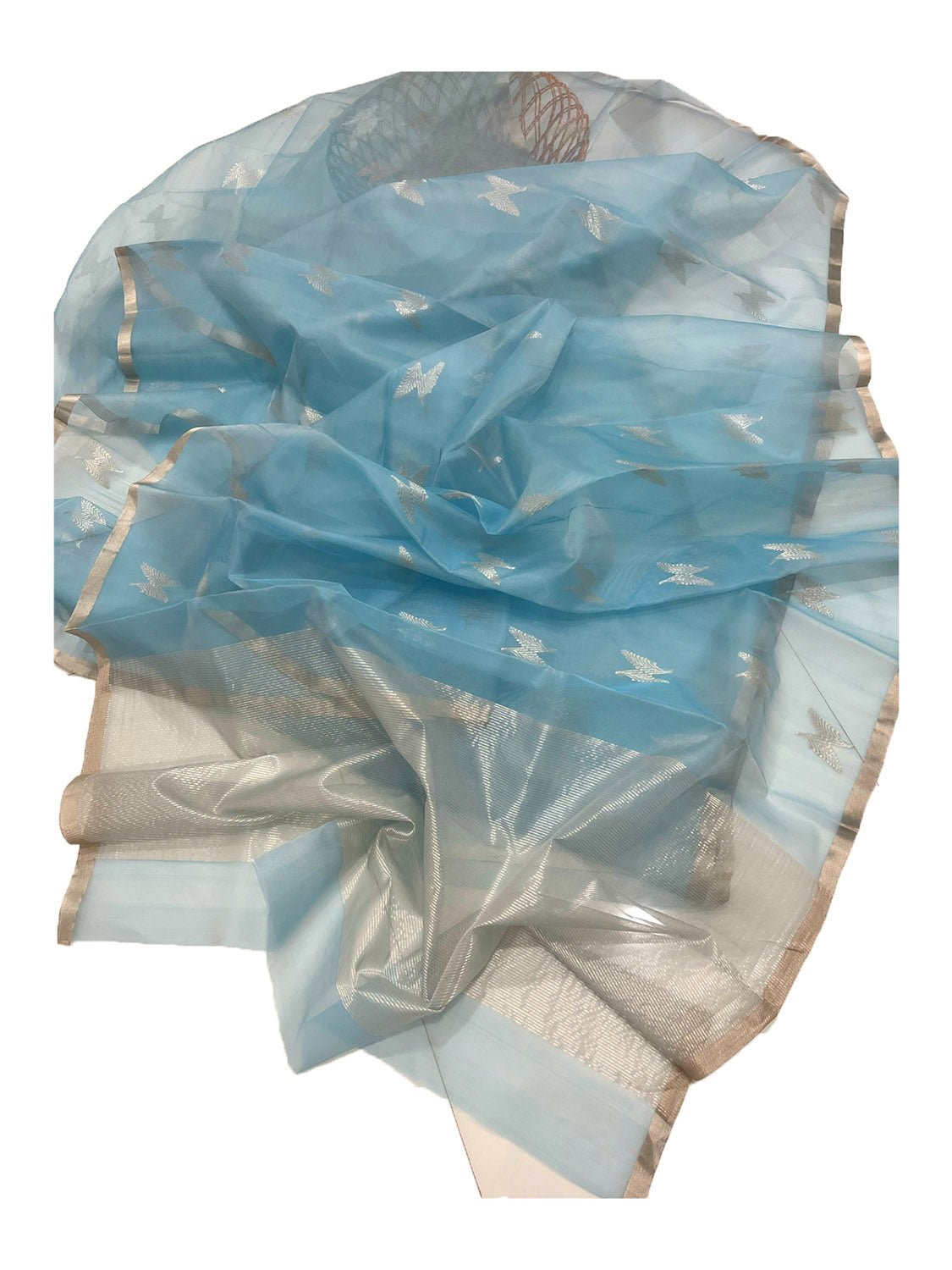 Blue Handloom Chanderi Pure Katan Organza Silk Saree - Luxurion World